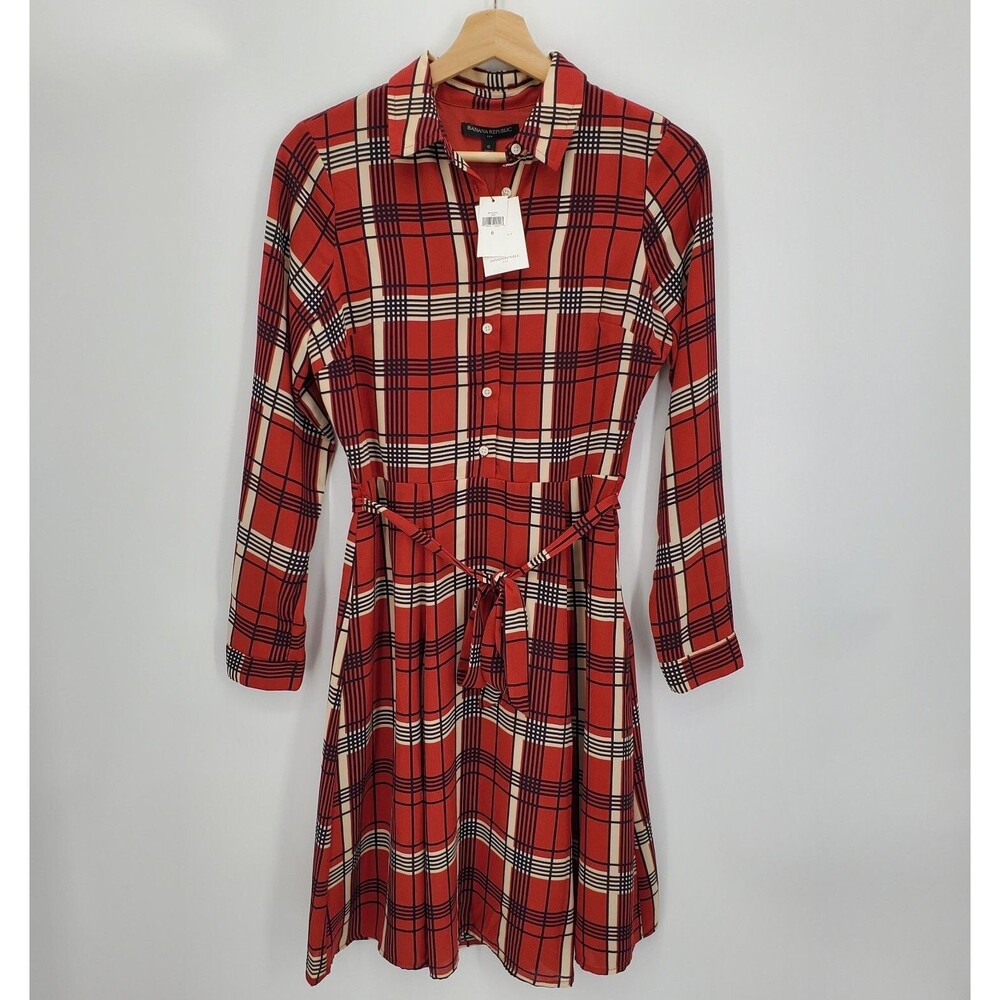 New Banana Republic Long Sleeve Tailored Shirt Belted Shirt Dress Plaid Size 0 - Picture 2 of 5